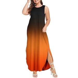 Wolddress Womens 2026 Plus Size Sleeveless Tank Dress Casual Loose Sundress Split Summer Beach Long Maxi Dresses with Pockets Gradient Orange XL