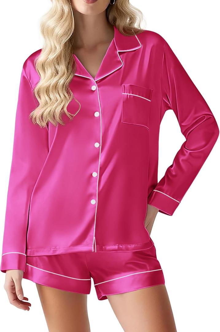 Ekouaer Satin Pajama Set for Women Button Down Pj Set Long Sleeve Top and Shorts 2 Piece Loungewear Summer Soft Sleepwear (Pink, M)