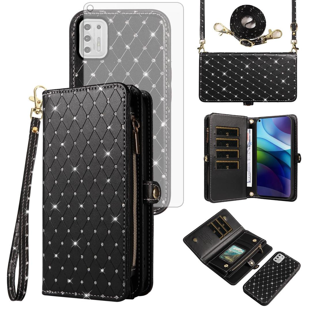 Asuwish Phone Case for Samsung Galaxy A71 5G Zipper Wallet Detachable Cell Cover with Tempered Glass Screen Protector Crossbody Lanyard Strap Glitter Flip Card Holder Slot A 71 G5 71A S71 Women Black