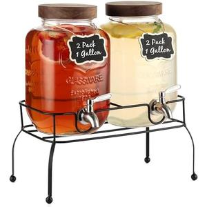 1 Gallon Glass Drink Dispenser with Stand, Juice Dispenser, Drink Dispensers for Parties, Glass Water Dispenser with Stainless Steel Spigot, Lemonade Dispenser, Set for 2