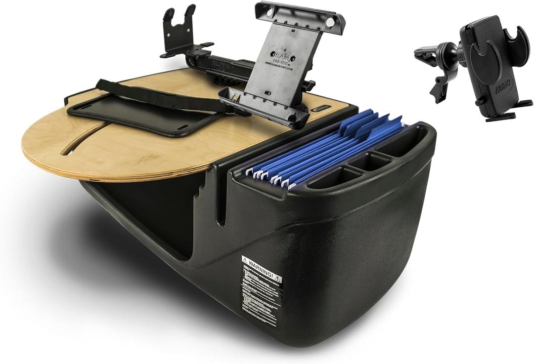 AutoExec Roadmaster Car Desk and Portable Workstation with Printer Stand, Tablet Mount and Phone Vent Clip, Natural