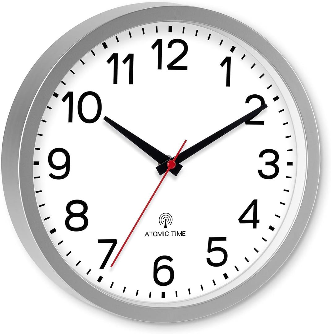 AKCISOT Atomic 10 Inch Wall Clock Analog Clocks for Indoor Kitchen, Battery Operated Clock for Bedroom Office Classroom Living Room(Silver) AKCISOT Atomic 10 Inch Wall Clock Analog Clocks for Indoor Kitchen, Battery Operated Clock for Bedroom Office Classroom Living Room(Silver)