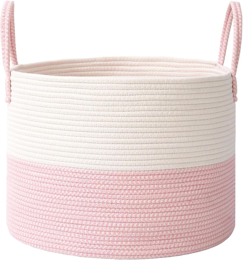 115L Extra Large Blanket Basket for Living Room - Woven Cotton Rope Laundry Hamper with Reinforced Handles - Storage Bin for Pillows, Comforters & Toys - Machine Washable,White&Pink