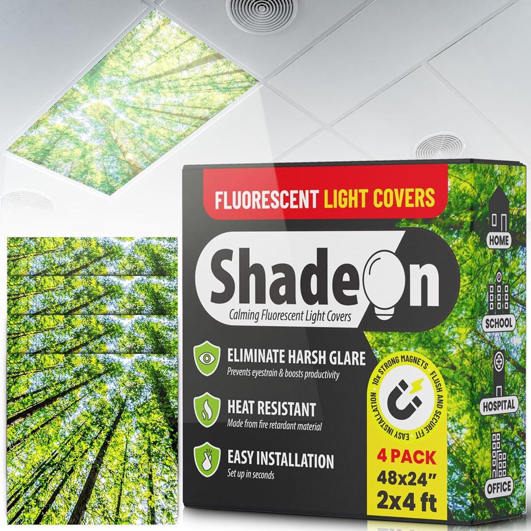 ShadeOn Fluorescent Light Covers for Ceiling Lights (4-Pack) - 2x4 ft Magnetic Light Covers for Ceiling Lights Classroom - Office Light Covers for Fluorescent Lights - Forest Canopy