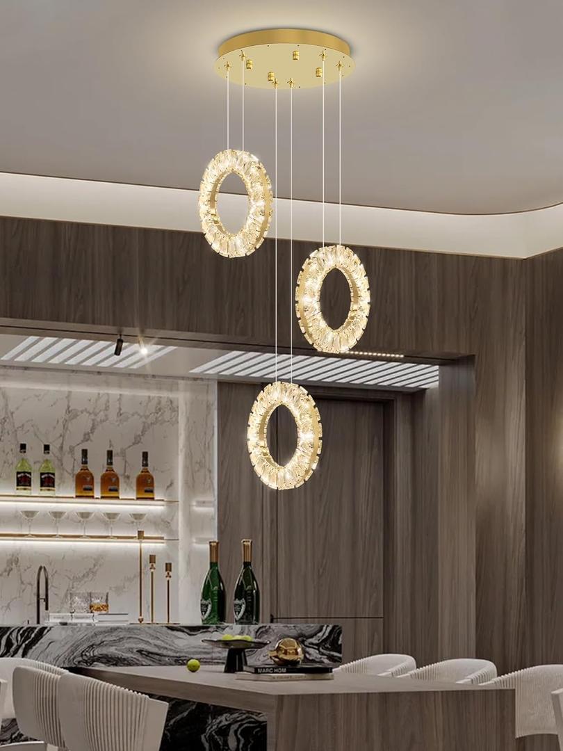 Pendant Lights Kitchen Island Mini Crystal Chandeliers 3-Lights Crystal Ring Chandelier for Dining Room Hallway Stairwell,LED Dimmable 2700K-6000K (Gold)