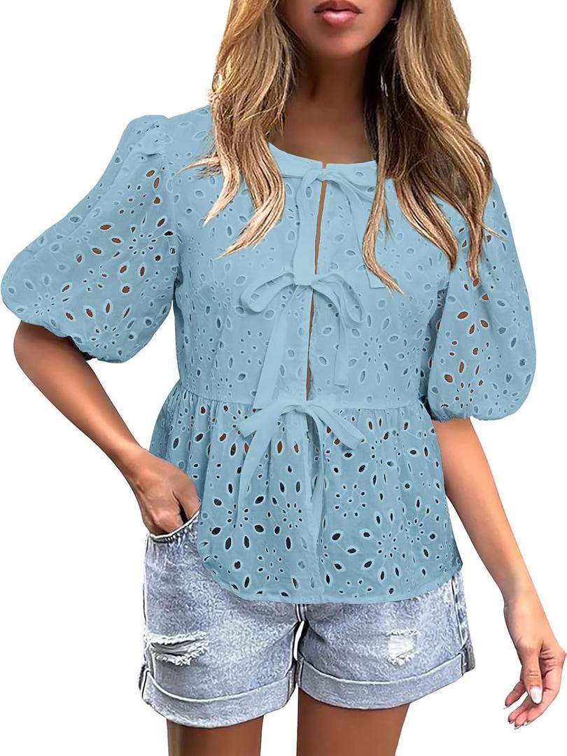 FARORO Women's Summer Dressy Casual Tops Short Puff Sleeve Babydoll Peplum Blouse Bow Tie Front Hollow Out Lace Shirts (Grey Green, Medium)