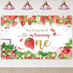 Avezano Strawberry First Birthday Banner Berry Sweet Girl 1st Birthday Backdrop Our Berry Sweet is Turning One Decorations for Birthday Party Cake Table Supplies