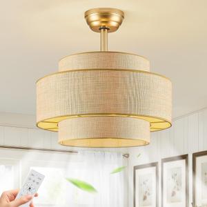 20" Boho Gold Caged Fandelier Ceiling Fan with Light and Remote, Enclosed Reversible 6-Speed Rattan Ceiling Fan with 1/2/4H Timer for Bedroom, Living Room, Kitchen