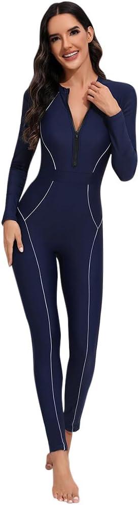 Women Rash Guard Long Sleeve One Piece Swimsuit Surfing Bathing Suit Athletic Swimwear (XX-Large, Navy Blue)