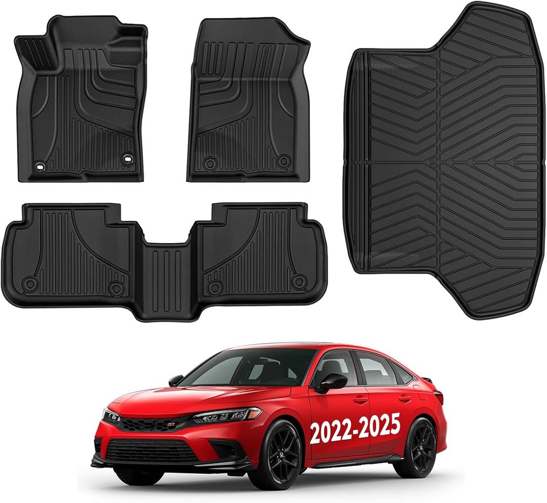Floor Mats & Cargo Liner for 2022-2025 Honda Civic Sedan Only The 2nd Row with USB Ports (Not for Hatchback/Si/Hybrid) Custom Fit Floor Liners Trunk Mat All Weather Anti-Slip Civic Accessories