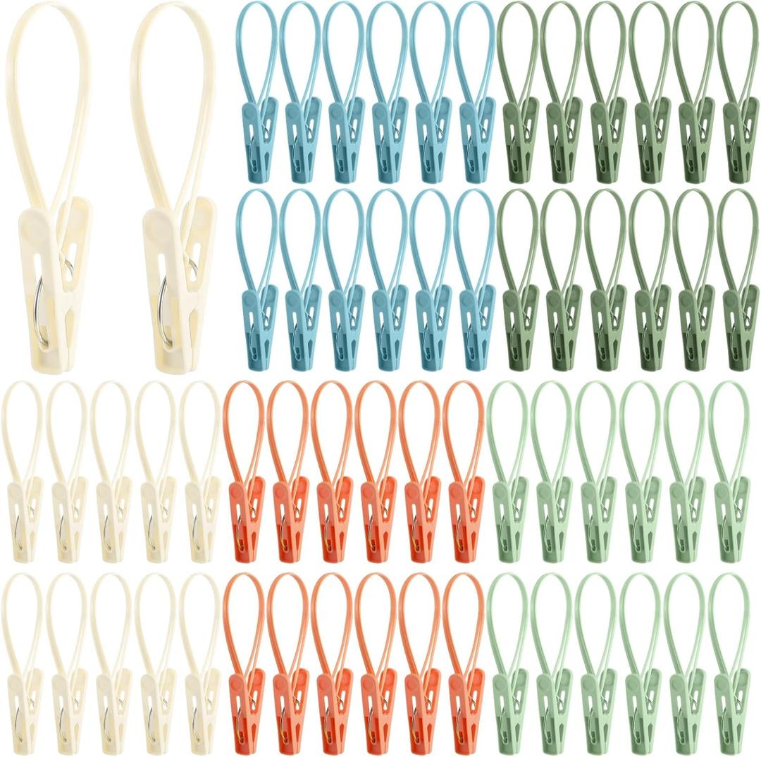 Honeydak 60 Pack Multi-Purpose Laundry Hooks Hanging Clips Bulk with Plastic Rope Hanger Clips for Baby Clothes Closet Organizer for Pants Hat Sock Boot Bra Towel Bathroom Wardrobe (Classic Colors)