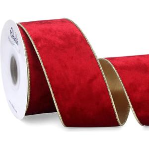 Ribbli Red Velvet Wired Ribbon 2.5 Inch Metallic Red Gold Crushed Velvet Christmas Ribbon for Gift Wrapping Christmas Tree Decoration Crafts Wreaths Supplies-Continuous 10 Yards