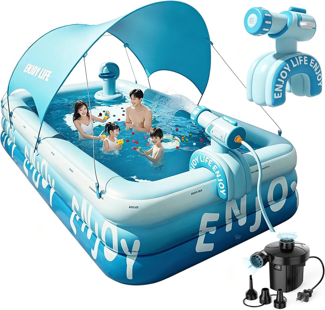 Inflatable Swimming Pool with Canopy & Air Pump & Inflatable Water Spray Gun, 118" Swimming Pool for Adults, Large Blow Up Pool Ideal for Family Backyard Garden Party, Outdoor Summer Fun