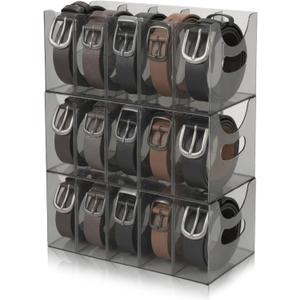 3 Pack Acrylic Belt Organizer Clear Stackable Belt Storage Holder Purse Organizer for Closet - 5 Compartments with Removable Dividers,Display Case Pantry Cabinet Organizers for Ties,Socks,Grey