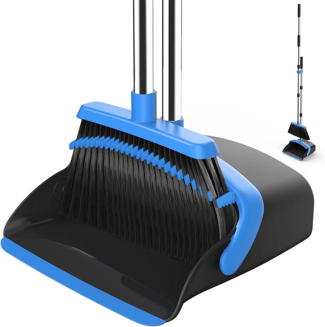 NACENA Broom and Dustpan Set, 52-in Long Adjustable Handle Broom Dustpan Combo with Dustpan Teeth to Automatically Clean Hair Suitable for Home Kitchen Office Hall FloorBlack&Blue