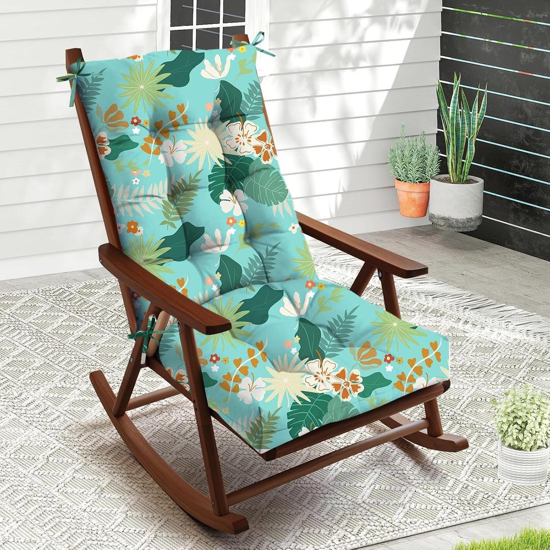 Rocking Chair Cushion, Set of 2 Waterproof Oxford Thick Cotton Seat Cushions with Ties, Non-Slip Bottom Indoor Outdoor Patio Rocking Chair Pads, Green Flower (Cushion ONLY)