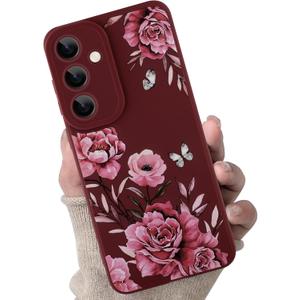 for Samsung Galaxy S24 Case, Cute Flower Floral Butterfly Design for Women Girls Soft TPU Protective Phone Case Slim Fit Shockproof Phone Cover - Wine Red Rose