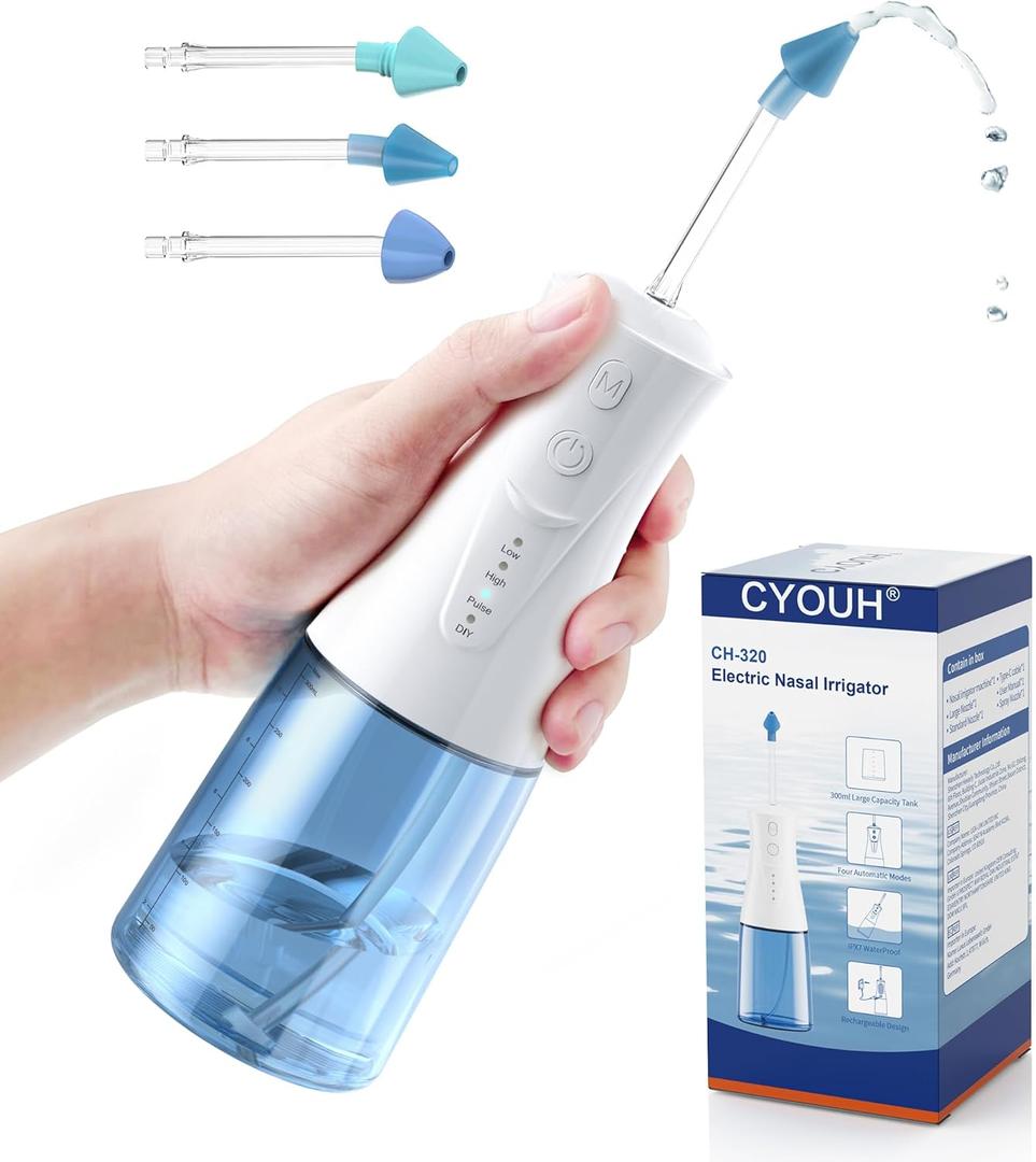 Electric Neti Pot Nasal Irrigation System  300ml Cordless Sinus Rinse Machine for Adults & Kids, Nose Wash Bottle with 3 Tips for Nasal Care(Sky Blue)