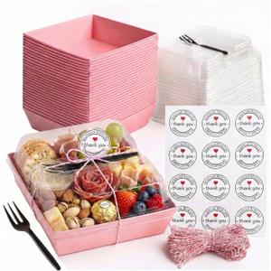 Leafiew 50 Pack Clear Treat Boxes with Forks - Small Dessert Boxes To Go - 5 Inch Disposable Paper Mini Containers for Cookie, Cake Slice, Charcuterie, Bakery, Strawberry, Baked Goods Packaging (Pink)