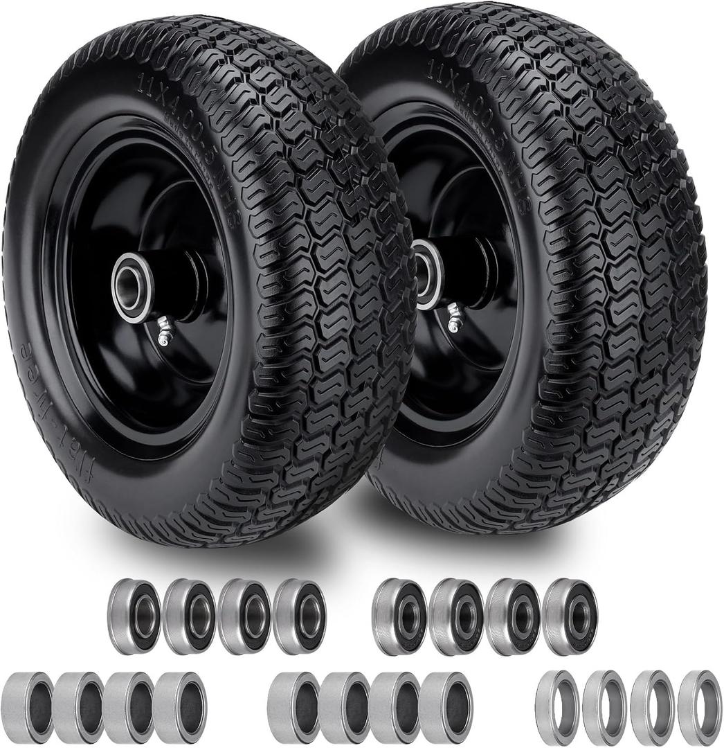 2 Pcs 11x4.00-5 Flat Free Lawn Mower Tire and Wheel, for Zero Turn Mower