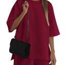 PRETTYGARDEN Women's 2 Piece Lounge Sets 2025 Summer Short Sleeve Tunic Tops Drawstring Shorts Matching Outfits Tracksuits (Wine Red,Small)