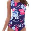 American Trends Athletic One Piece Swimsuits for Women Modest Bathing Suits Criss Cross Back Water Aerobics Swimwear (6-8, F Pink Blue Printed)