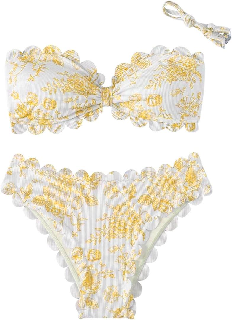 SHENHE Women's 2 Piece Bandeau Bikini Sets Floral Print Scalloped Boho Strapless Swimsuits (S, Yellow)