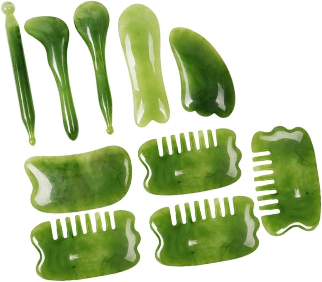 Healifty 1 Set 10 Pcs Gua Sha Massage Board Scalp Comb Facial Massager Cosmetology Kit Jade Scraping Jade Set Tools Massaging Tool Massaging Board The Face Plank (Green)