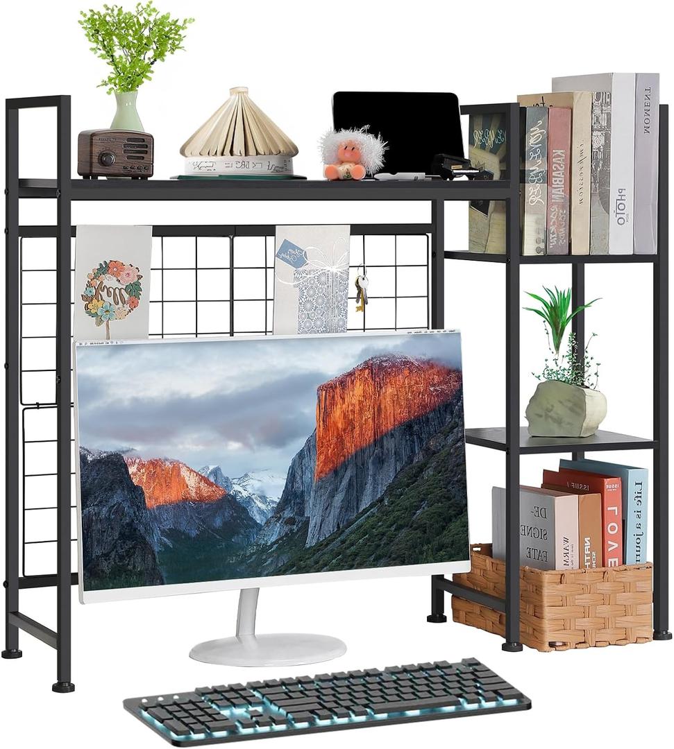Desktop Bookshelf, Desktop Shelf Organizer, Computer Desktop Bookcase Multipurpose Wood Desk Hutch Bookshelf High-Capacity Desk Hutch Organizer for Computer (Black)