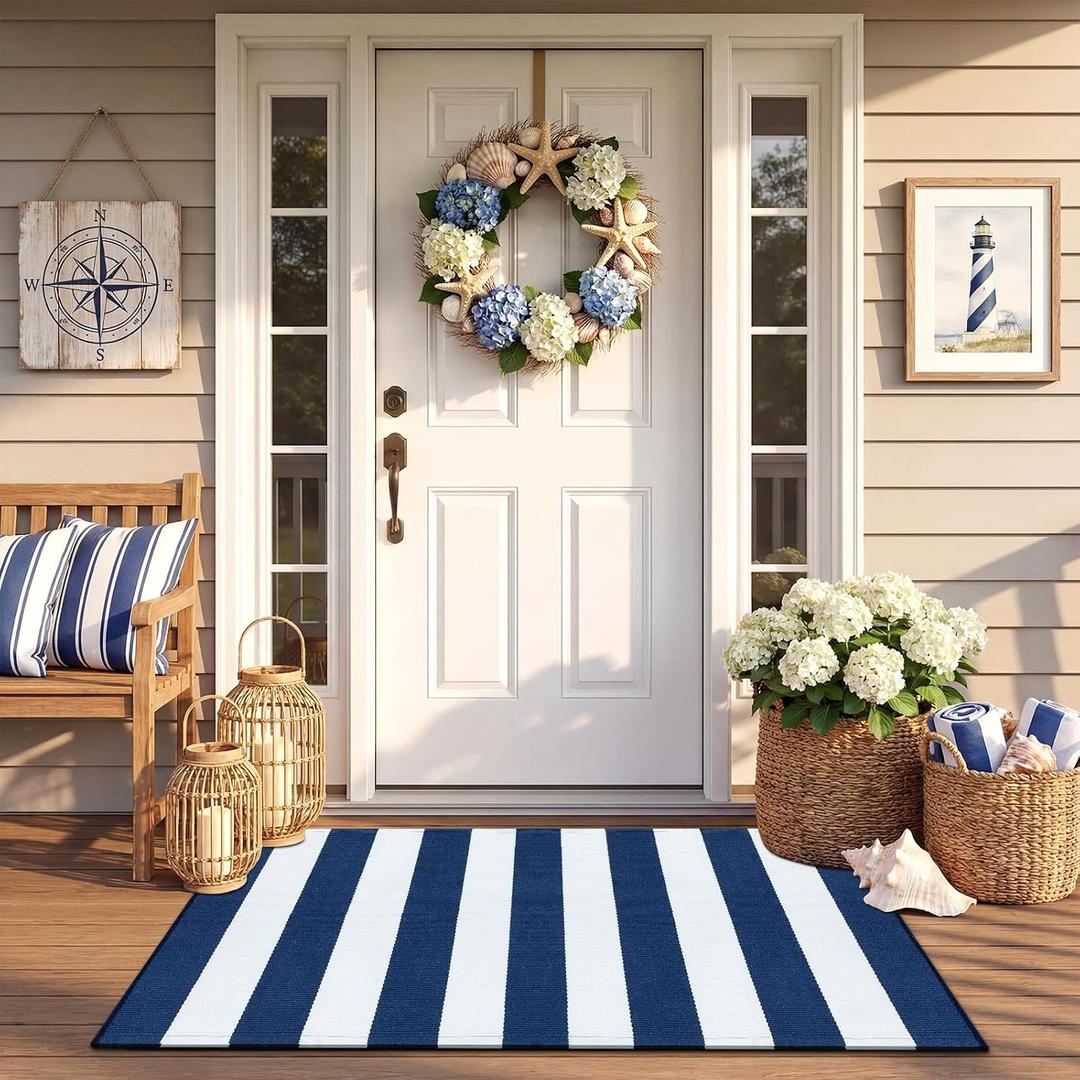 Duraaamo Nautical Navy White Stripe Outdoor Rug 2' X 3' USA 4th of July Door Mat Summer Navigation Welcome Doormat for 250 Anniversary Front Porch Patio Entryway Beach Modern Coastal House Decor