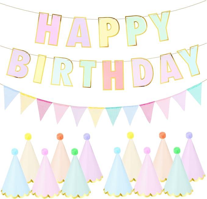 Foilswirl 26 Pcs Pastel Birthday Party Hats for Kids Include Pastel Happy Birthday Signs Banner Pennant Flags Macaron Party Hats Decorations Pre Assembled for Kids Adults Girl Women