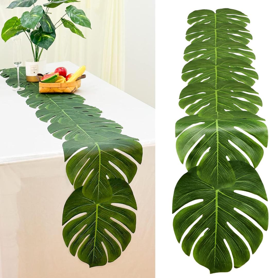 AerWo 4Pcs Artificial Palm Leaves Table Runners 72 Inch, Tropical Palm Leaves Table Runner Faux Leaf Table Cloth for Wedding Hawaiian Luau Jungle Summer Party Tropical Baby Shower Table Decorations