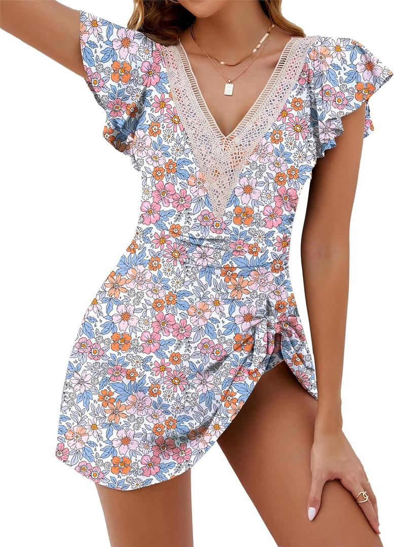 Blooming Jelly Women's Tummy Control Swimsuits One Piece Swim Dress Plus Size Bathing Suits Ruffle Lace Swimwear (Medium, Orange Floral Print)