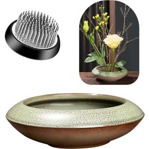 Ikebana Vase Kit, Ceramic Flower Frog Vase with Stainless Kenzan Flower Frog Vase, Japanese Ikebana Flower Arrangement Pot for Floral Displays, Moss & Hydroponic Plants, Zen Decor Gift (Green Small Size)
