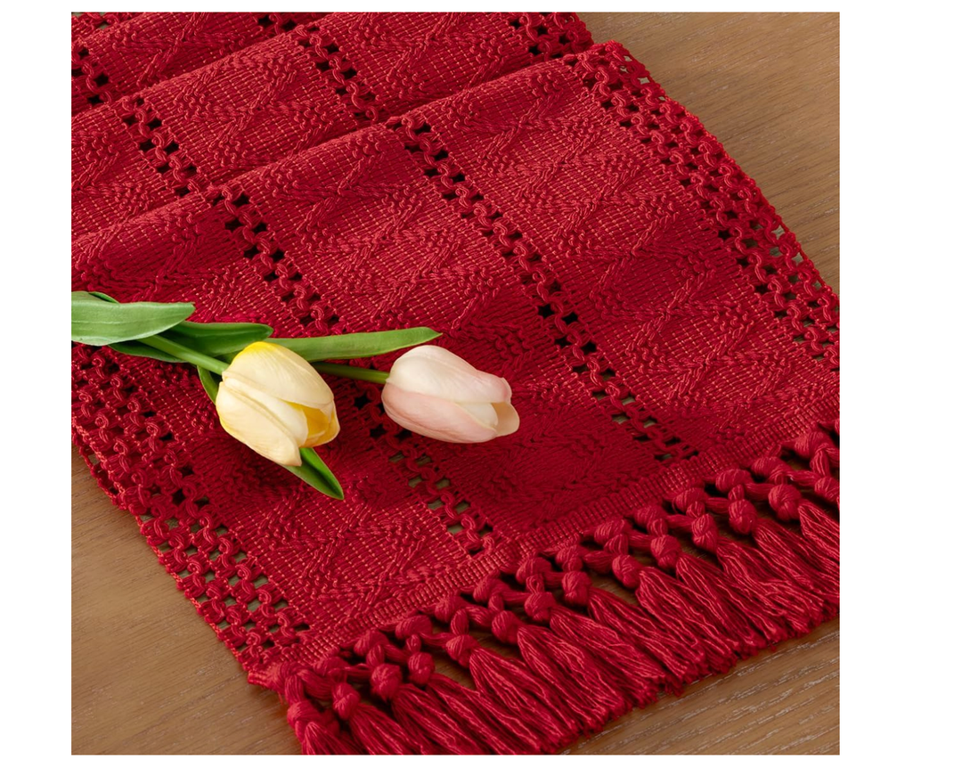 Socomi Boho Table Runner Macrame Valentine's Day Farmhouse Woven Cotton Linen Rustic Coffee Table Runner with Tassels for Dresser Scarf Home Decor Dining Room 12x90 in Red