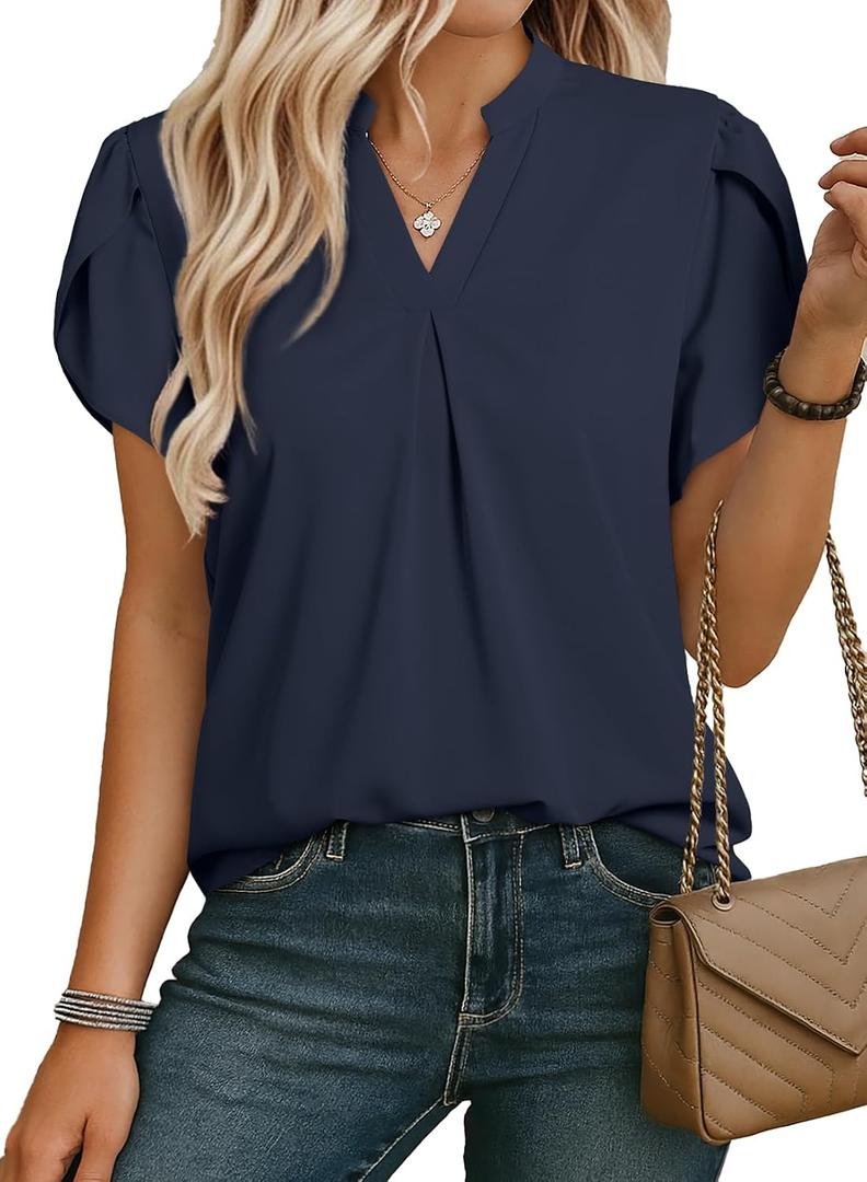EVALESS Women's Dressy Casual Business Work Chiffon Blouses Tops Summer V Neck Cute Loose Petal Short Sleeve T-Shirts (Blue, L)