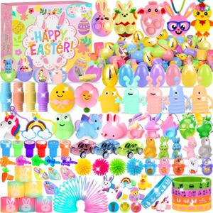 330 Pcs Easter Egg Hunt Set Includes 110 Prefilled Plastic Eggs with 220 Assorted Novelty Toys and Rings, Keychain, Stickers for Easter Baskets and Party Supplies