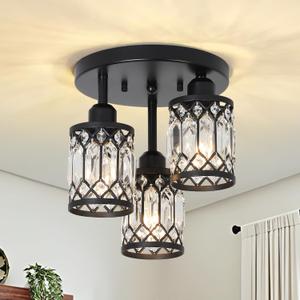 PAUFUL Semi Flush Mount Ceiling Light,3-Light Modern Crystal Close to Ceiling Light Fixtures, Black Kitchen Light Fixtures with Clear Crystal Shade,Hallway Light Fixtures for Hallway Bedroom Bathroom
