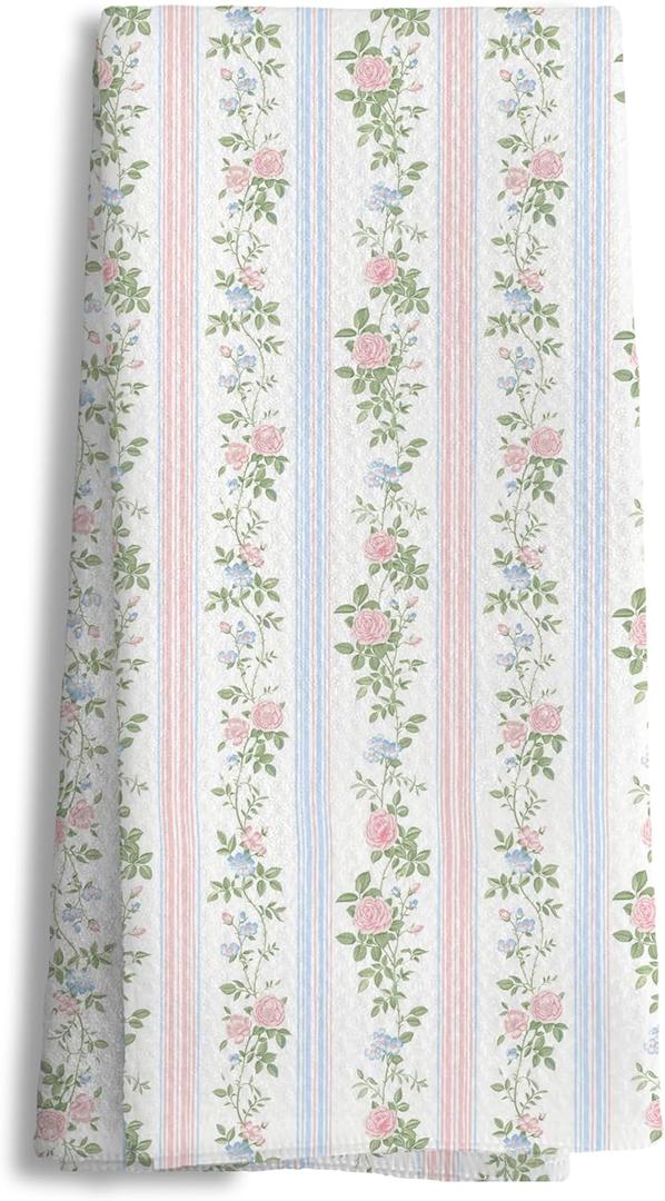Grandmillennial Blue and Pink Floral Striped Kitchen Towels, Cottagecore French Country Hand Tea Towels for Bathroom, Farmhouse Pink Green Blue Botanical Dish Towel Dishcloth, 16x24 Inch