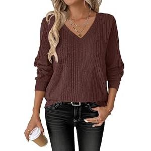 ANRABESS Womens V Neck Sweaters 2025 Fall Long Sleeve Shirts Lightweight Ribbed Knit Basic Casual Office Work Tunic Tops Deep Brown X-Large