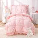 Princess Toddler Bedding Set for Girls, Boho Toddler Bed Set, 4 Pieces Ruffles Jacquard Embroidery Toddler Comforter with Comforter, Fitted Sheet, Flat Sheet and Pillowcase, Pink