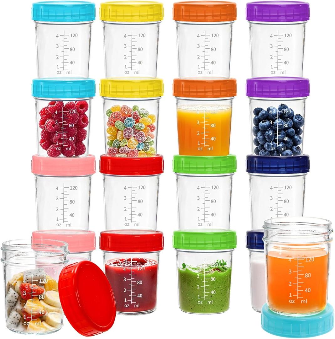 Jucoan 16 Pack Glass Baby Food Storage Jars, 6 Ounce Small Baby Food Storage Containers with Plastic Lids and Scale for Baby Meal Prep, Jam, Snack, Fruits, Microwave Dishwasher Safe