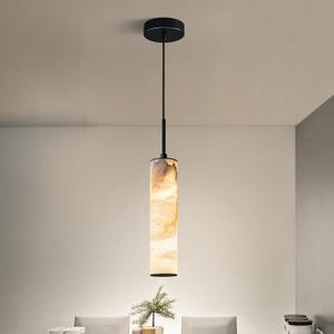 LMQNINE Natural Alabaster Pendant Lights for Kitchen Island White Marble Long Tube Chandelier Modern Black Ceiling Light Fixtures for Bedroom Dining Room Table Living Room Hallway(S-1Pack)