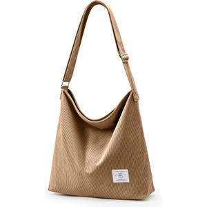 KALIDI Corduroy Tote Bag for Women Casual Zipper Tote Handbag Large Crossbody Hobo Shoulder Bag Work Fashion Women Purse (Khaki)