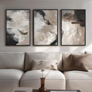 Framed Neutral Abstract Wall Art, 3 Piece Modern Minimalist Canvas Prints Paintings Artwork for Walls, Black Beige Brown Neutral Tone Pictures for Living Room Dining Room Bedroom Wall Decor 16x24 In, 16" W x 24" H x 3Pcs
