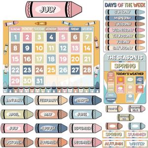 2 x Boho Crayon Calendar Bulletin Board Set Boho Crayon Bulletin Board Calendar Seasons Weather Chart Crayons Classroom Decors with Season Weather and Days of the Week Chart for Back to School Supplies