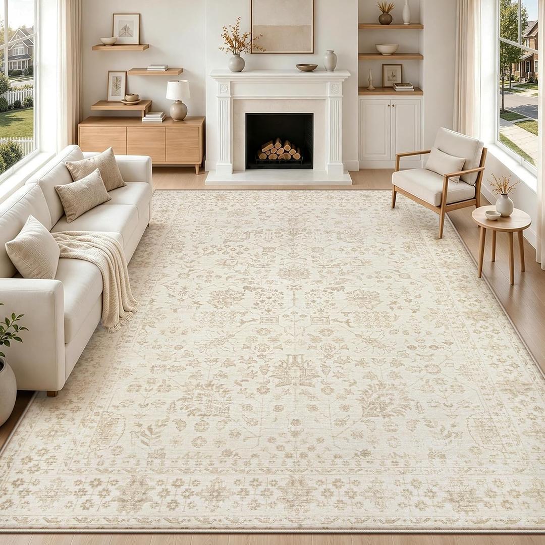 TENGTENGLINK 9x12 Washable Area Rugs for Living Room Vintage Floral Beige