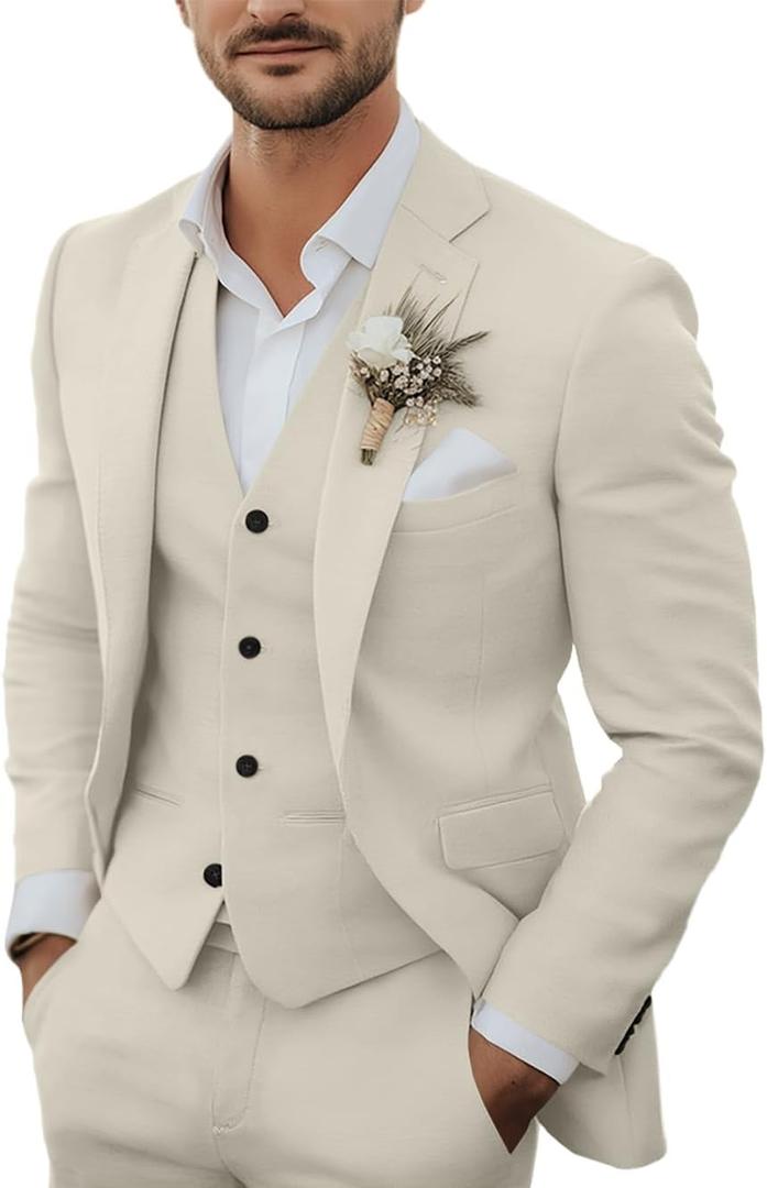 Men's 3 Piece Linen Suits Casual Lightweight Blazer Jackets Vest Pants Set for Wedding Business Prom Suit (Beige, XL)