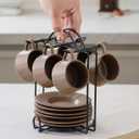 Espresso Cups Set, 4 Oz Porcelain Coffee Cups with Saucer and Metal Stand Small Cappuccino Cups Set of 6 Demitasse Cups for Espresso, Latte, Cafe Mocha, Cappuccino, and Tea, Brown