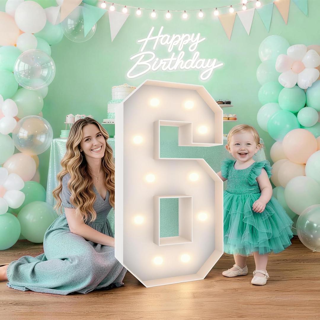 3FT Marquee Light Up Numbers 6,Party Decoration Large Marquee Light Up Letters with Weighted Water Bag,Pre-cut Foam Board Set Can Be Used for Birthdays,Weddings,Baby Anniversaries